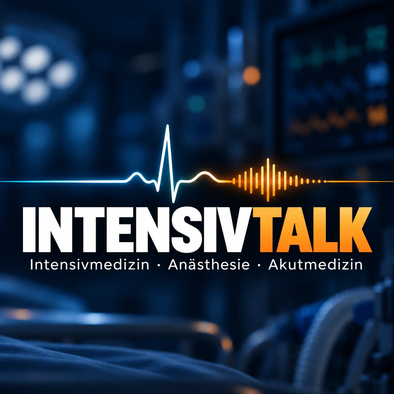 INTENSIVTALK Markenmotiv: Elektrokardiogramm geht in eine orangefarbene Audiowelle über, vor dunkelblauem Hintergrund.